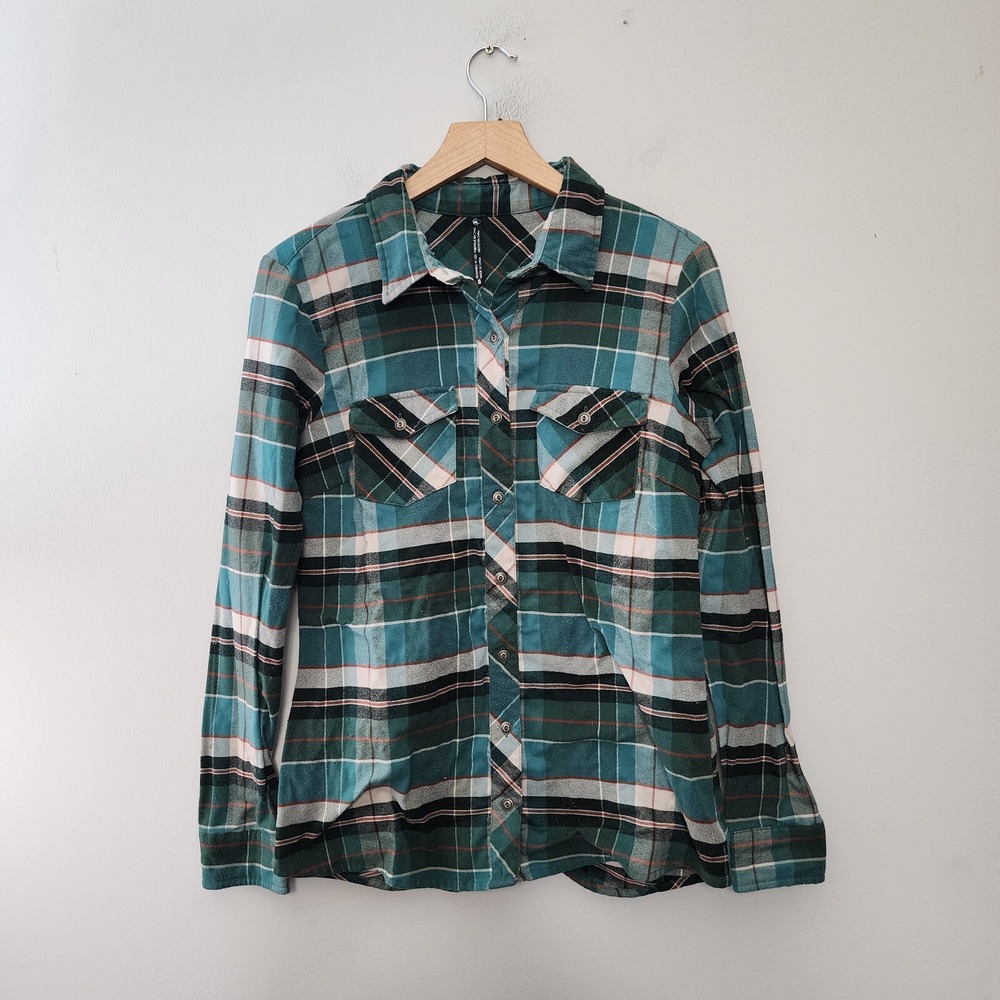 Kuhl Flannel Shirt Womens Small Blue Green Greta Plaid Outdoor Hiking Polyester